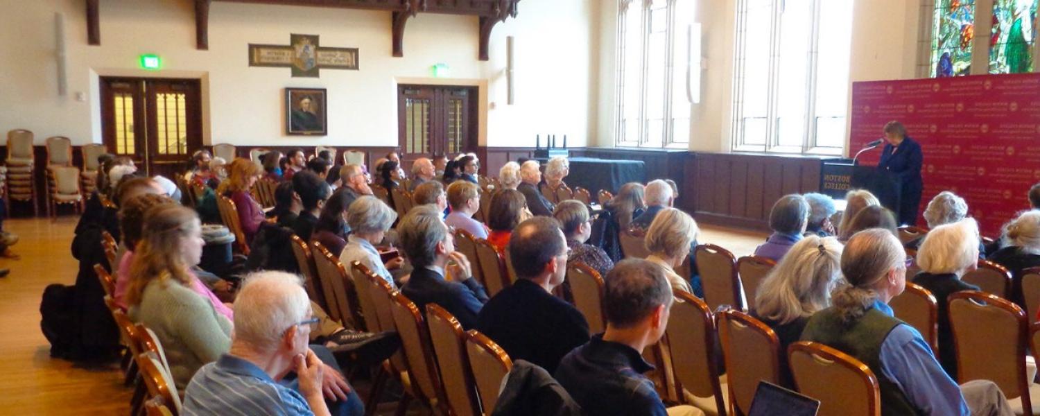 2023 Annual Underhill Lecture speaker and audience in the Irish Room of Gasson Hall