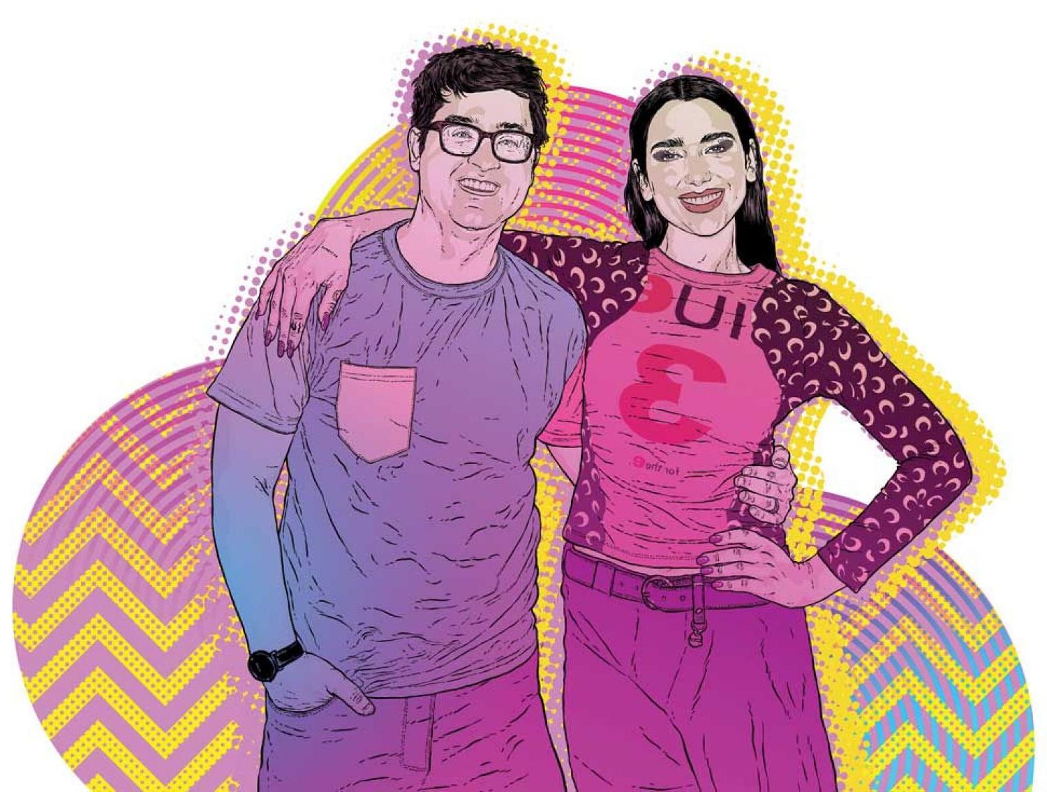 Colorful illustration of Dua Lipa and Brennan Carley ’13 