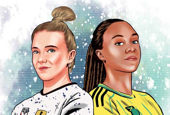 Colorful illustration of Allyson Swaby ’18 and Kristie Mewis  ’13 